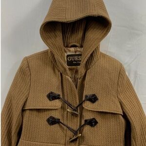 Guess Los Angeles Brown Pea Coat Hood Full Zip Lining Wool Blend Women's Large